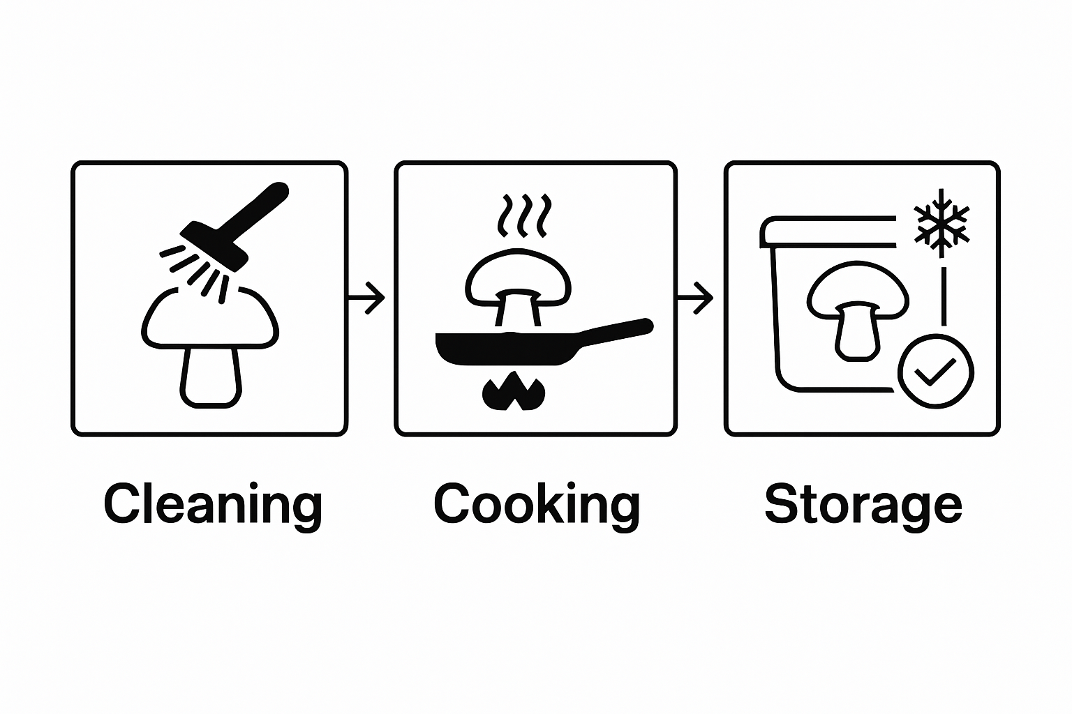 Infographic showing cleaning, cooking, and storing mushrooms in simple steps