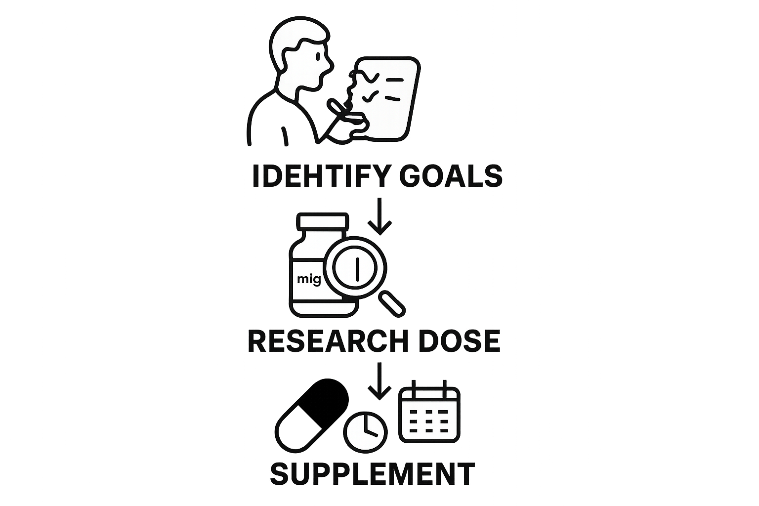 Infographic showing three-step dosing guide: identify goals, research dose, set schedule