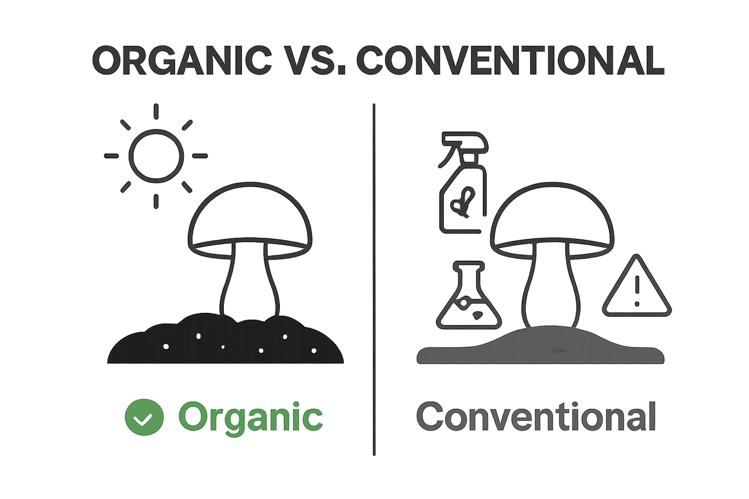 Infographic comparing organic vs conventional mushroom growing methods.