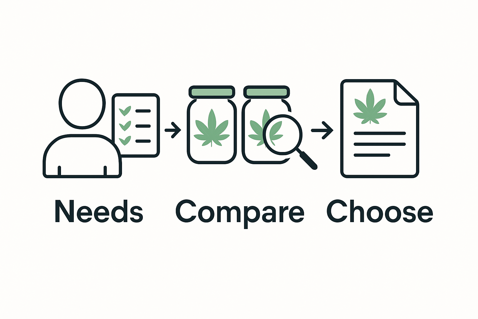 Three-step compare and choose cannabis process infographic