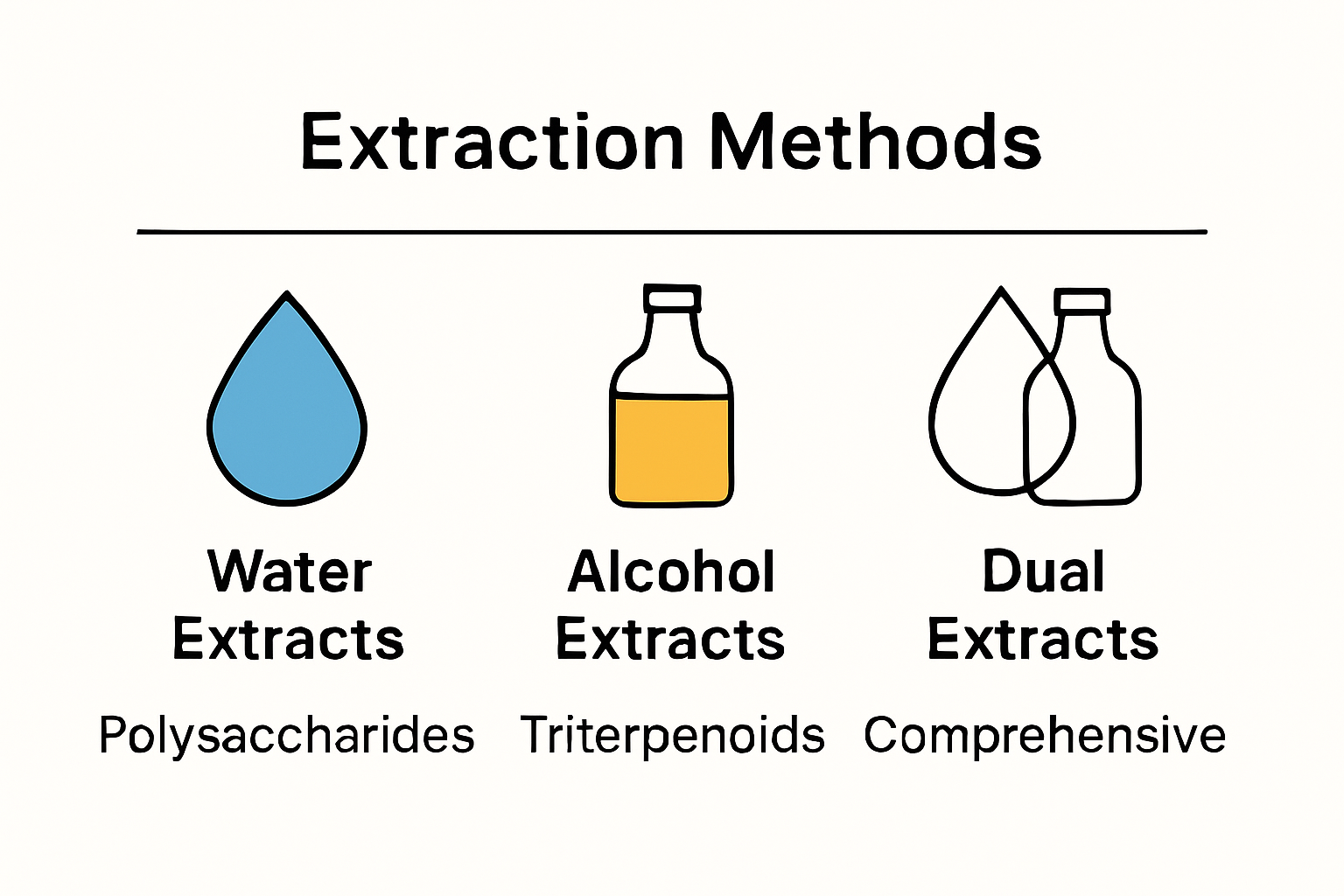 Infographic showing water, alcohol, and dual mushroom extract types