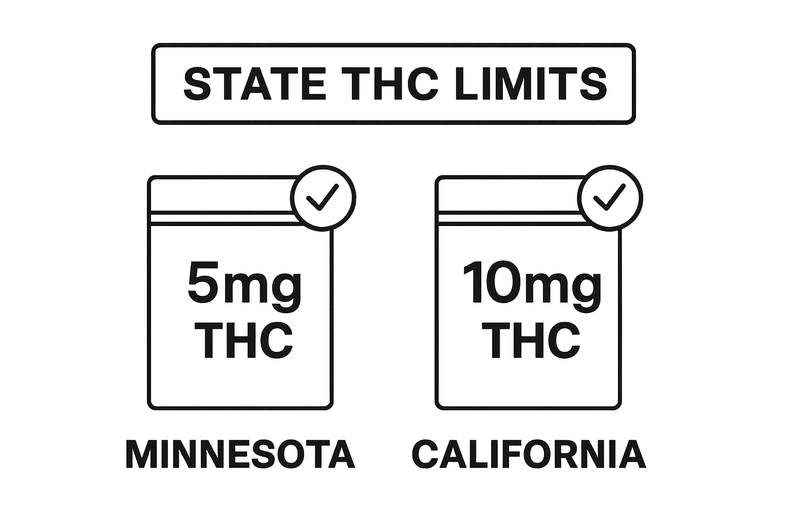 Infographic showing THC limits for cannabis gummies in Minnesota and California.