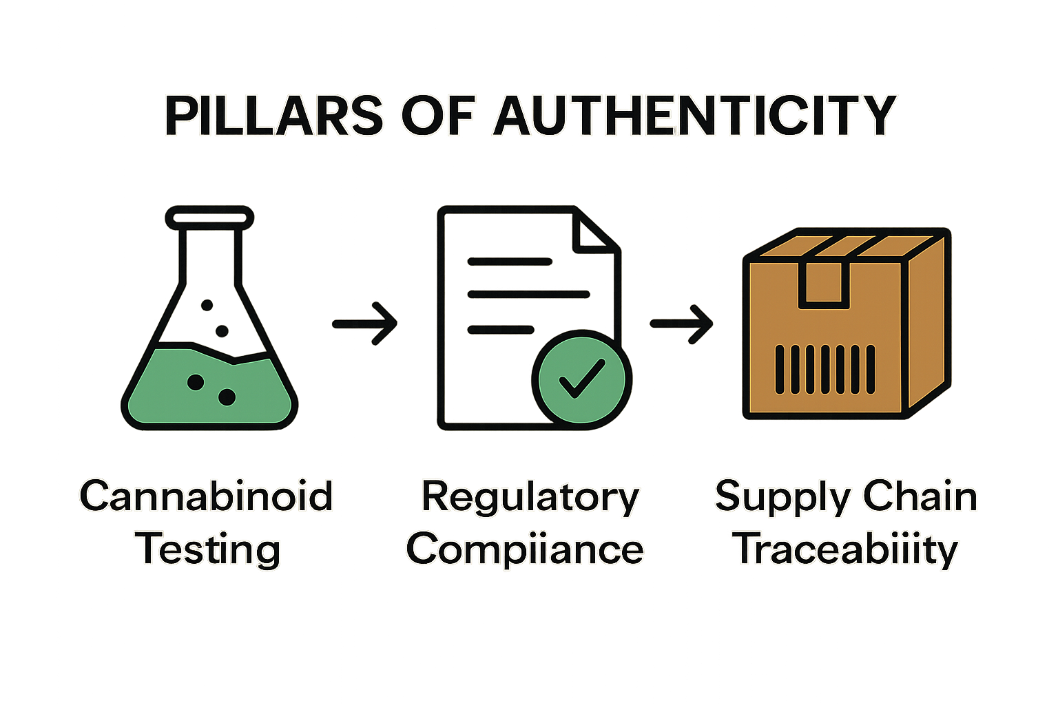 Three-step CBD edible authenticity infographic: testing, compliance, traceability