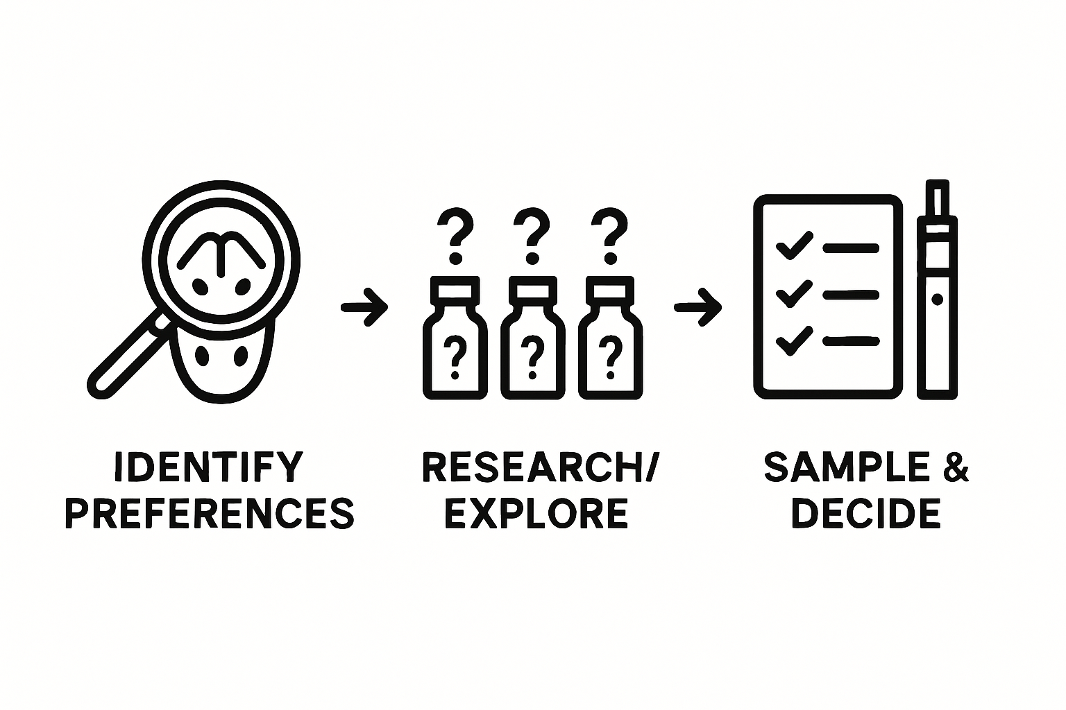 Infographic of steps to select vape flavors: identify, research, sample