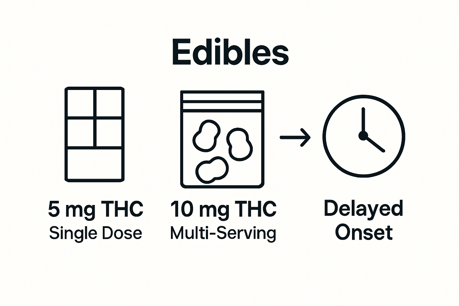 Infographic comparing edible types, dosages, and onset time.