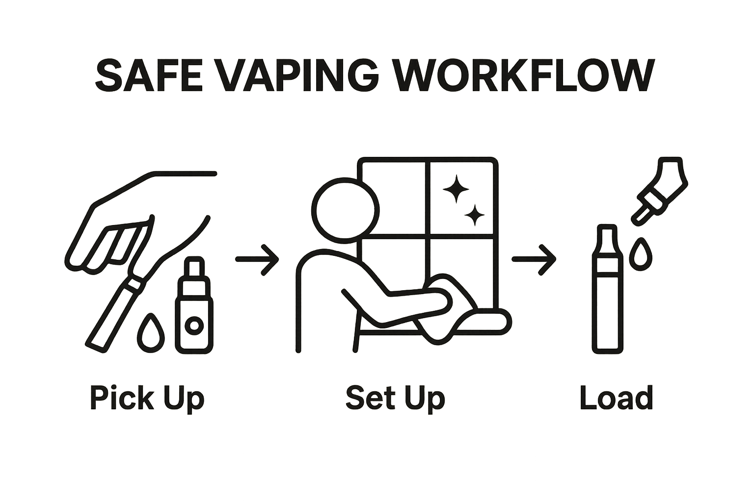 Step-by-step icons for safe vaping preparation