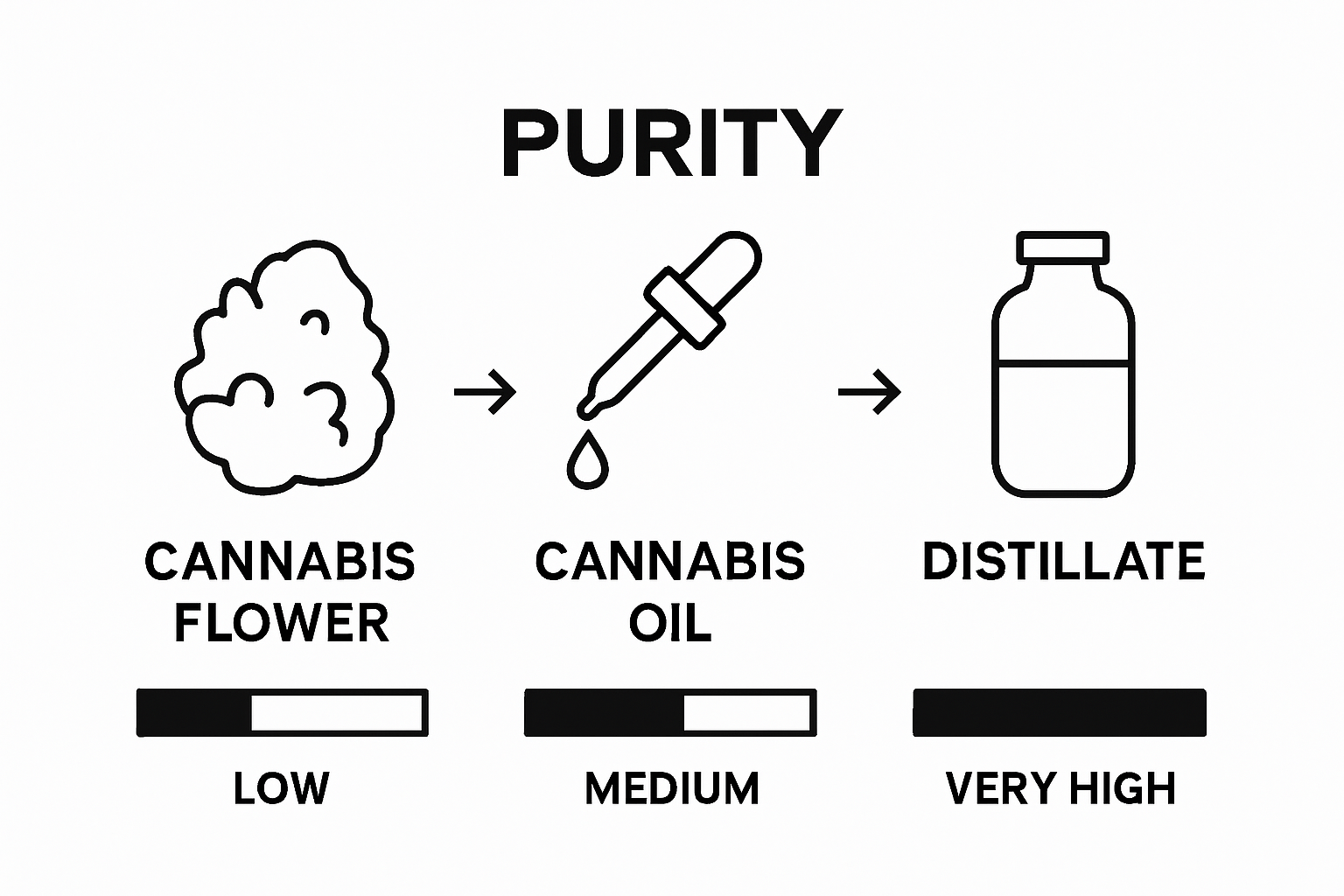 Infographic comparing purity of flower, oil, and distillate