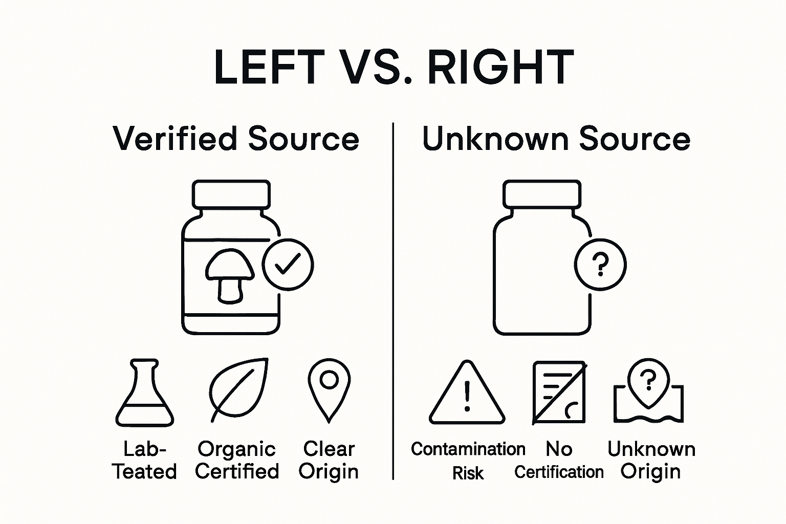 Infographic comparing safe vs. unsafe mushroom supplement sources