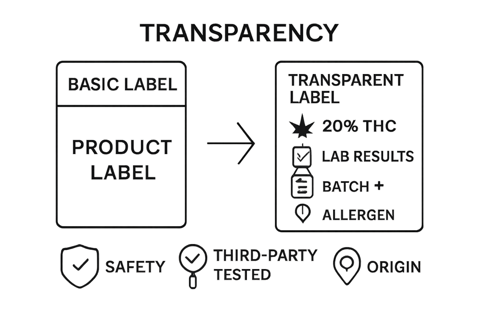 Infographic contrasting basic vs transparent cannabis labeling