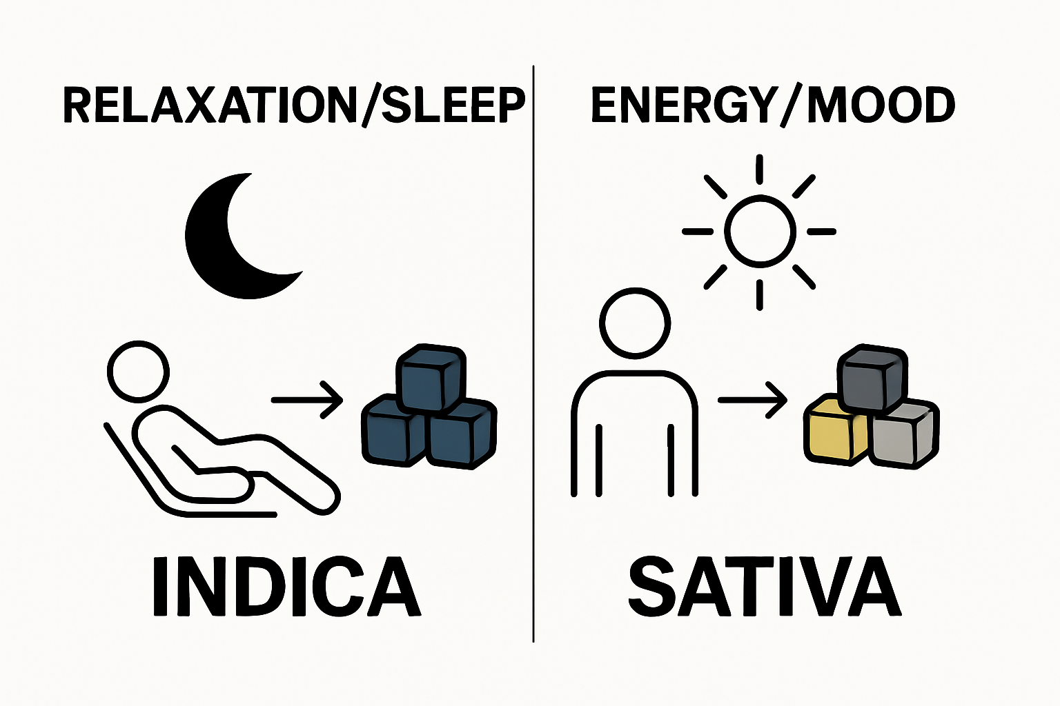 side-by-side infographic comparing Indica and Sativa gummy effects