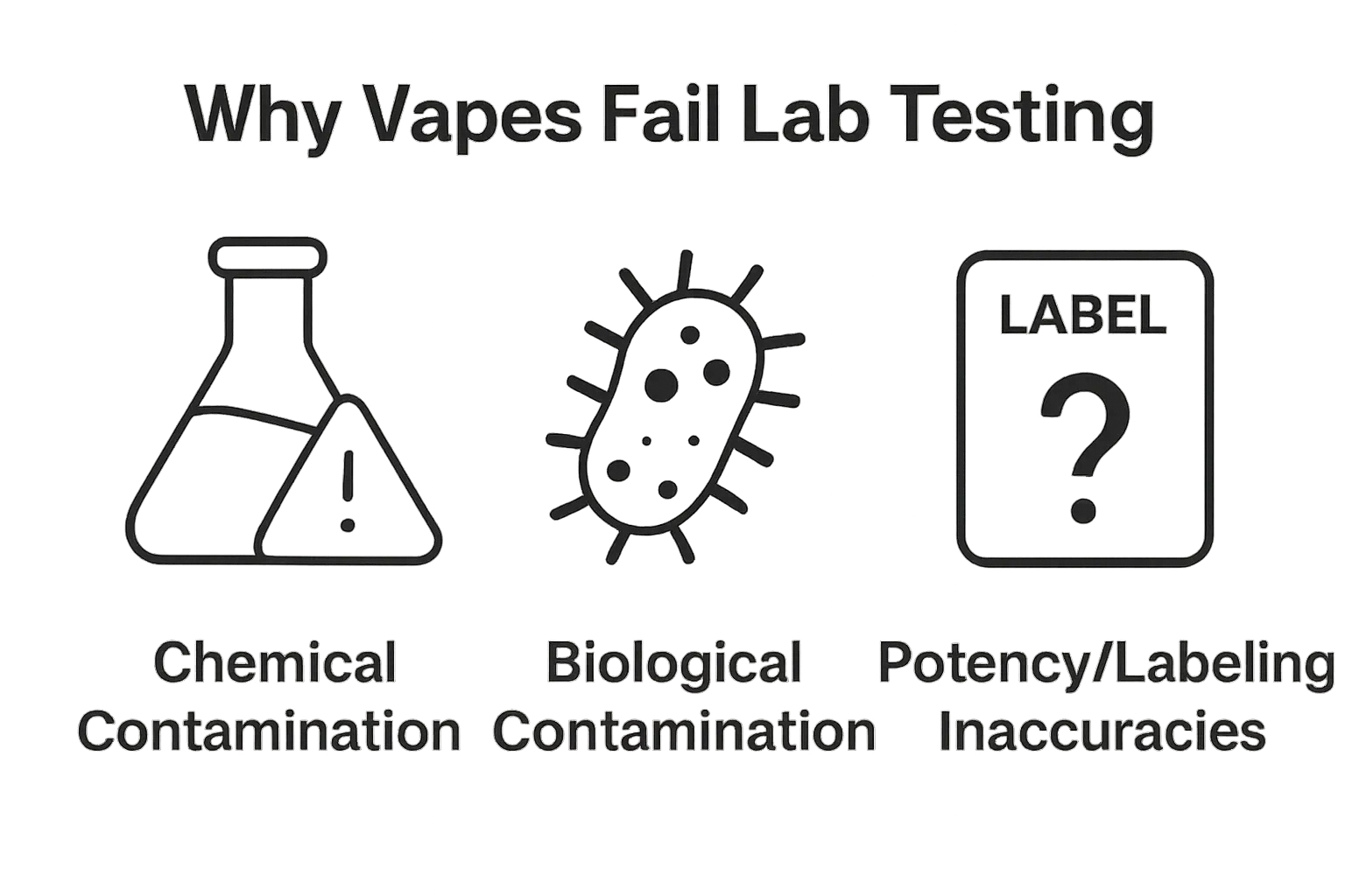 Infographic: main reasons vapes fail lab testing—chemical, biological, labeling.