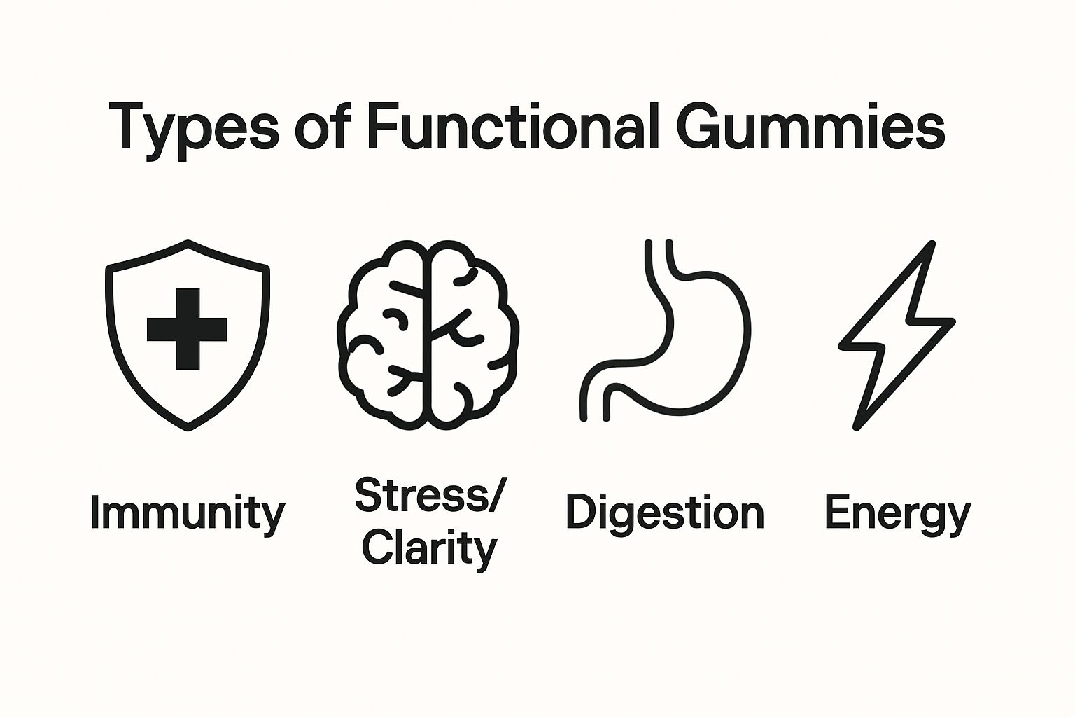 Infographic showing four types of functional gummies: immune, stress, digestive, energy