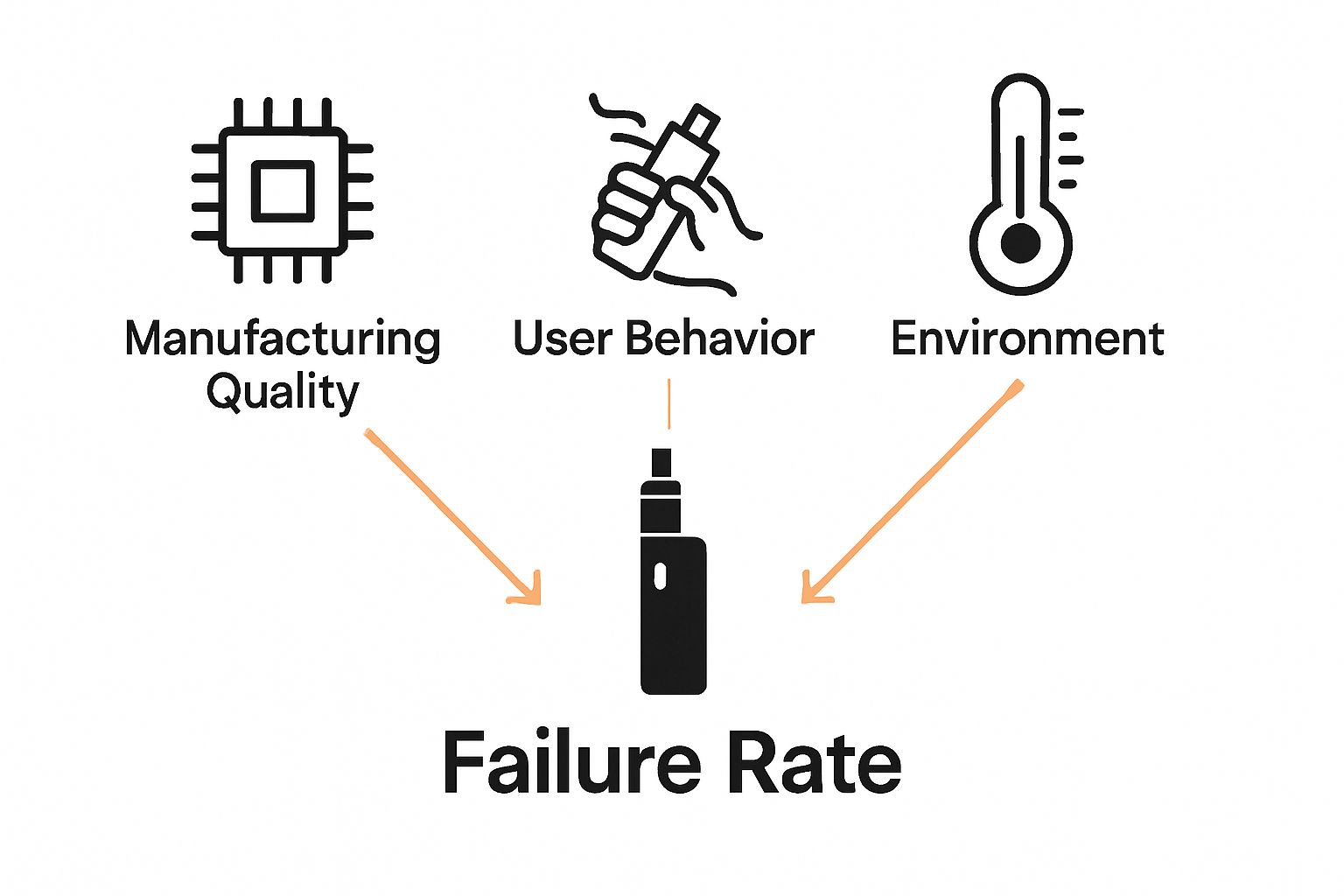 Infographic showing three factors influencing vape failure rate