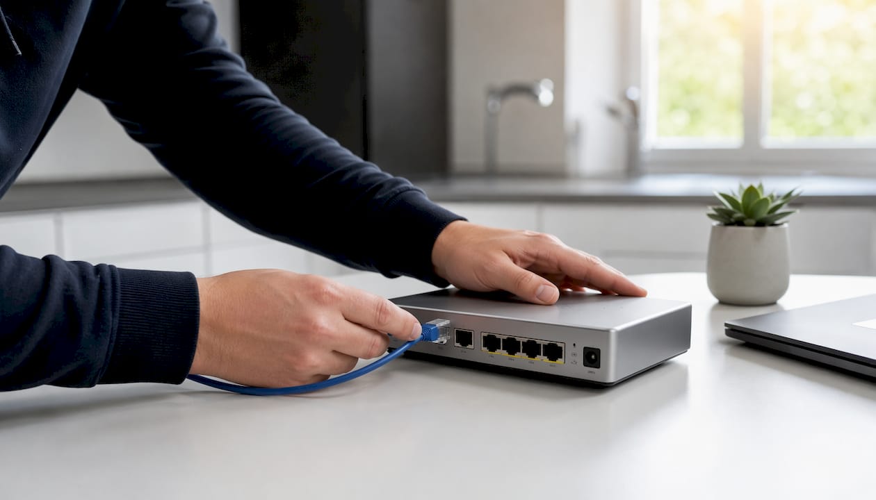 Hands connecting Ethernet cable to router device