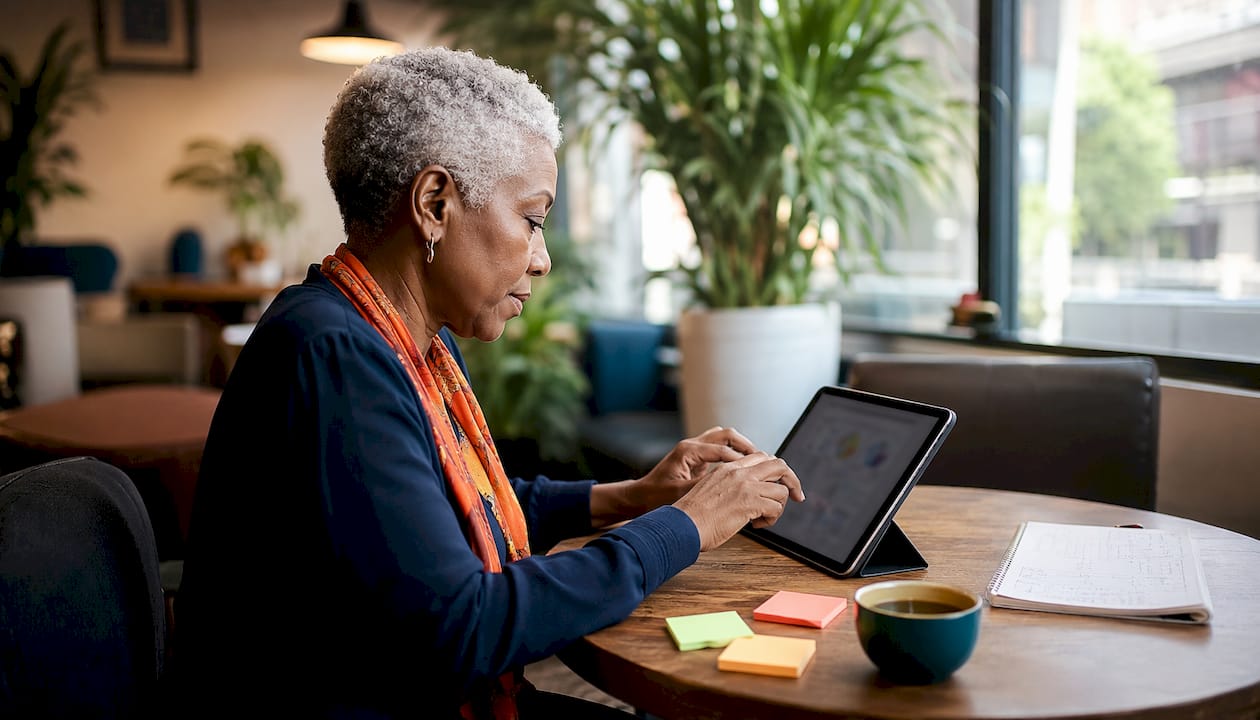 Woman evaluating risk scores on digital tablet