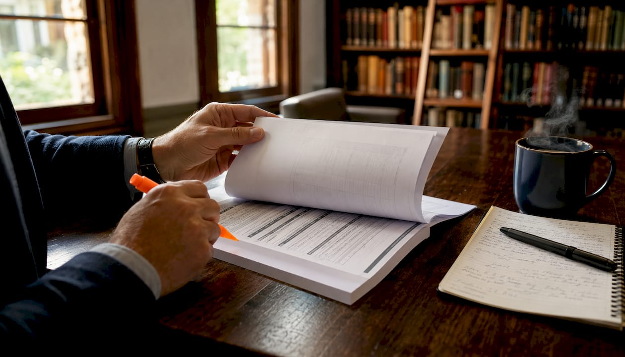 Overhead view of hands reviewing audit report