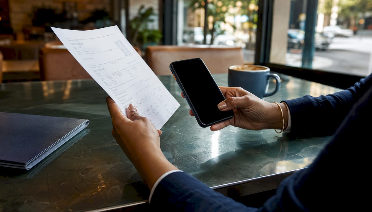 Hands managing digital and physical evidence documents