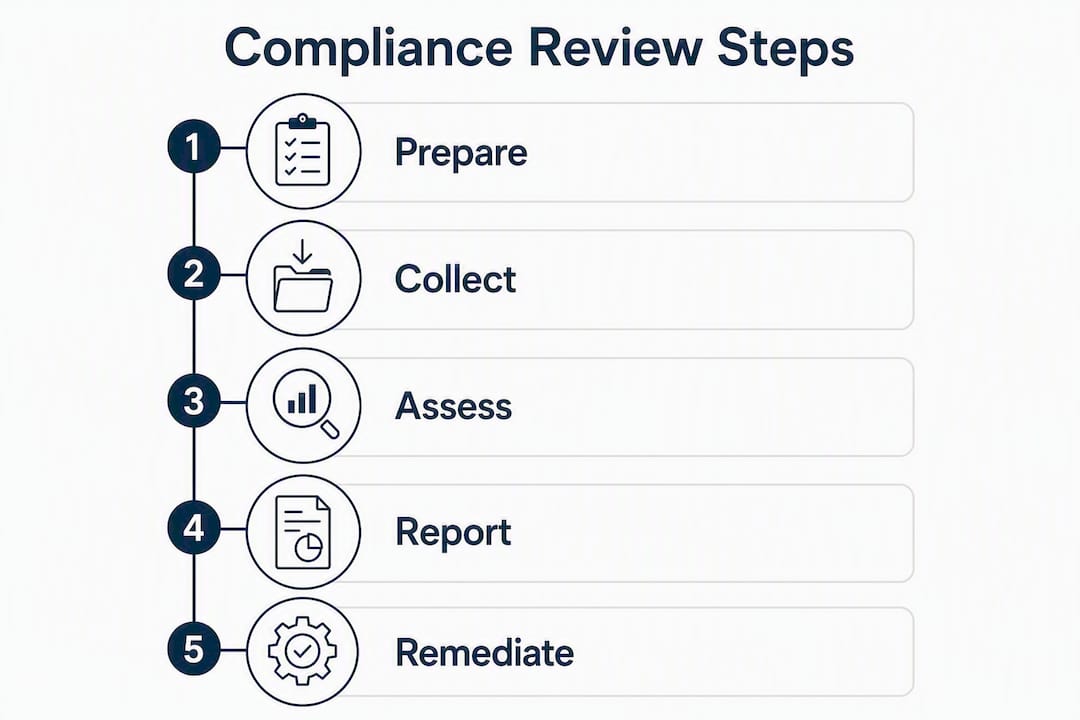 Vertical infographic illustrating five steps of compliance review process