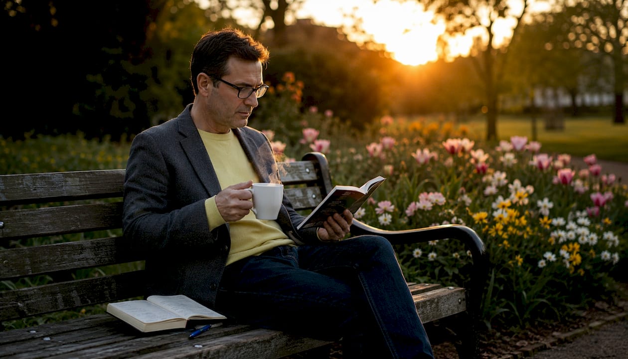 Man reading Rove Miles transfer bonuses in café