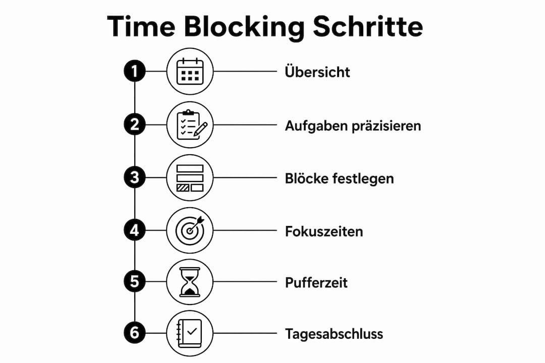 Grafik: Sechs Schritte zur erfolgreichen Umsetzung von Time Blocking