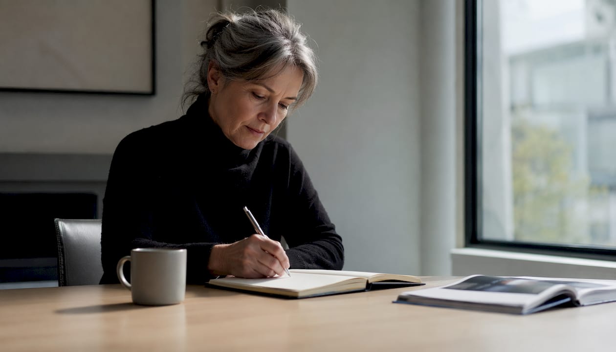 Eine ältere Dame sitzt im Café und hält ihre Dankbarkeitsmomente schriftlich fest.