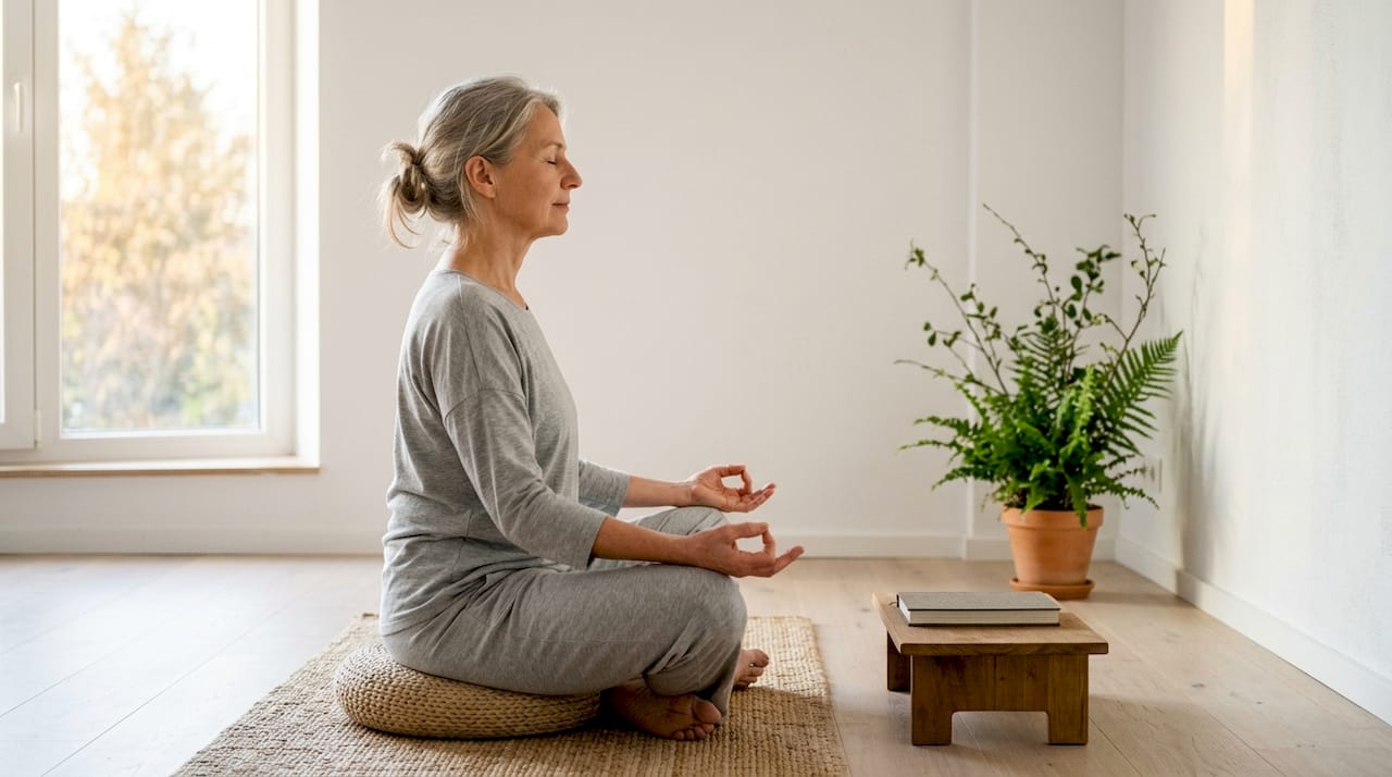 Eine Frau sitzt entspannt auf ihrer Yogamatte und meditiert.