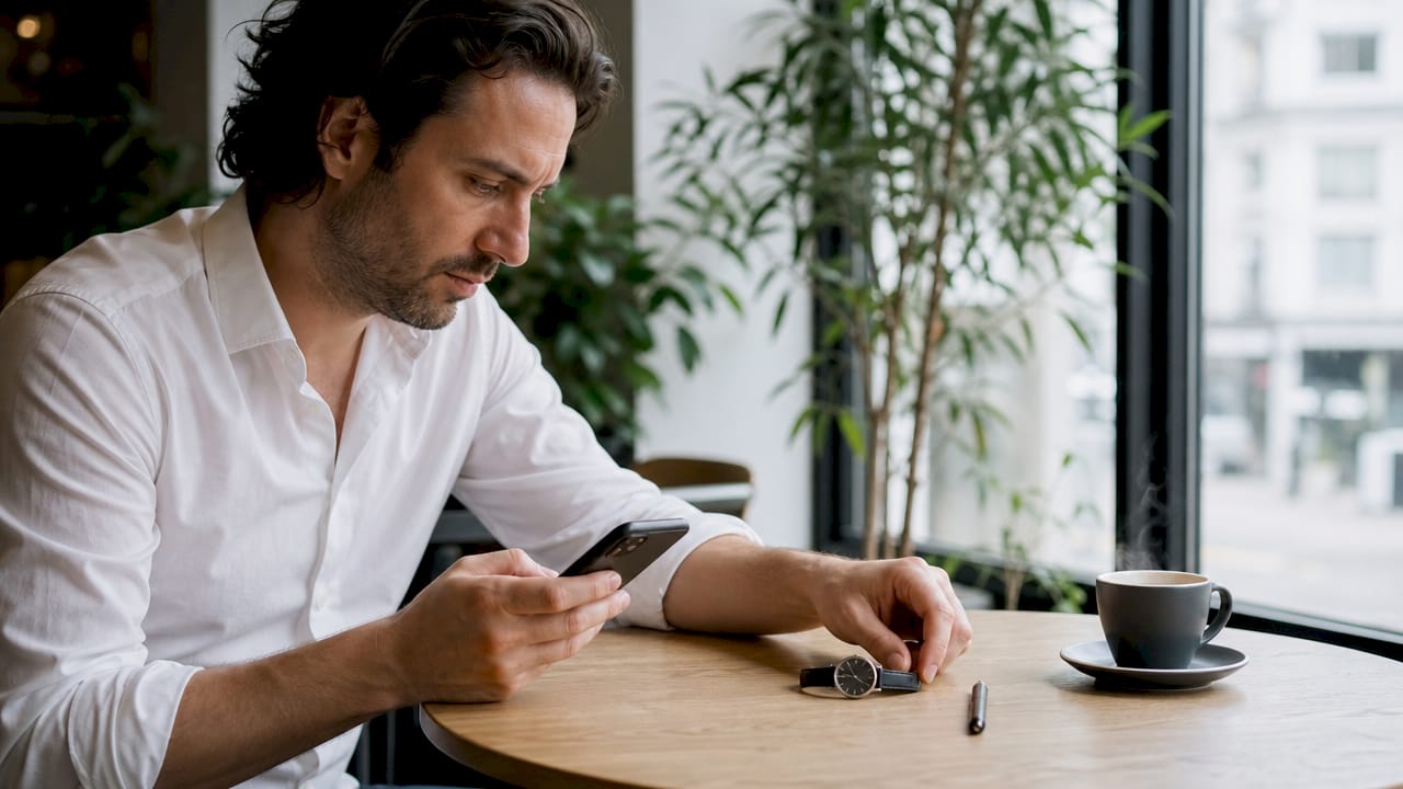 Ein Schreibtisch, auf dem jemand sein Smartphone und einen Papier-Tracker in der Hand hält.