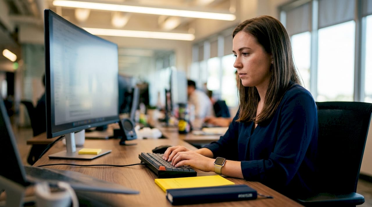 Analyst hands typing in cybersecurity setup