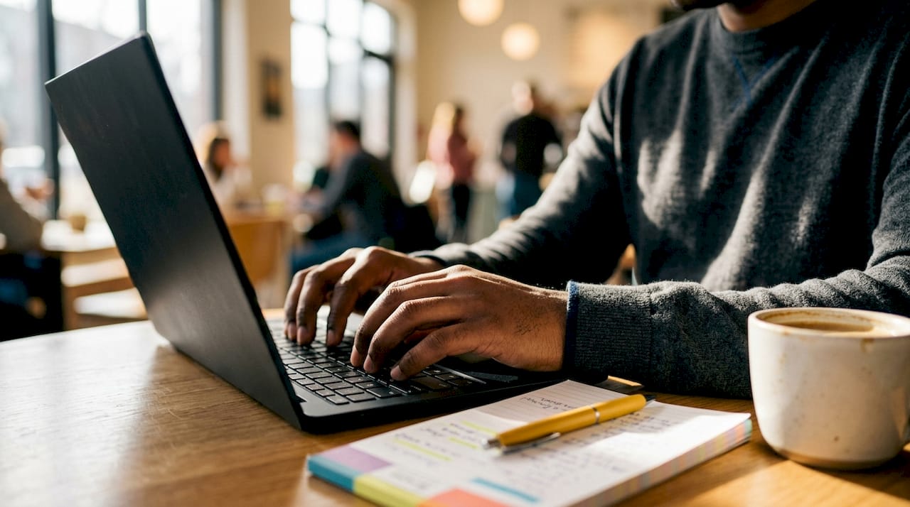 Hands typing on laptop near notes and coffee cup