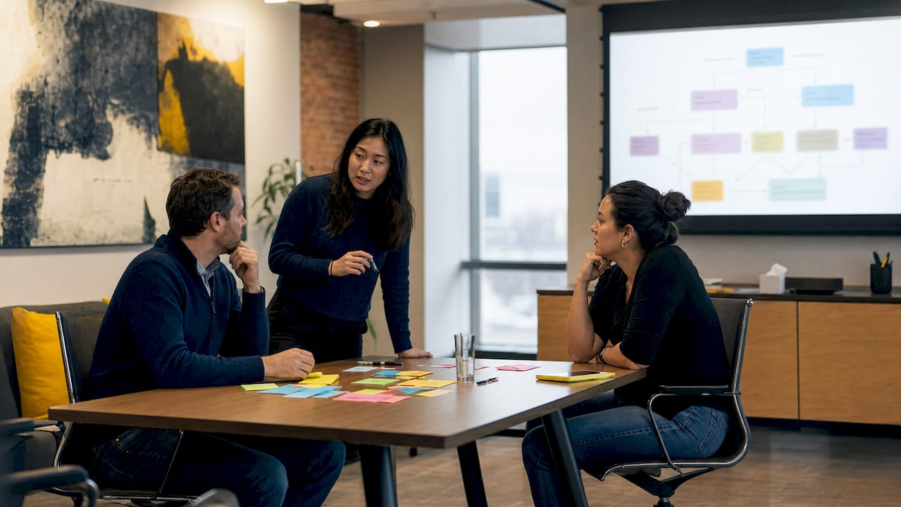 Team discussing security architecture in conference room