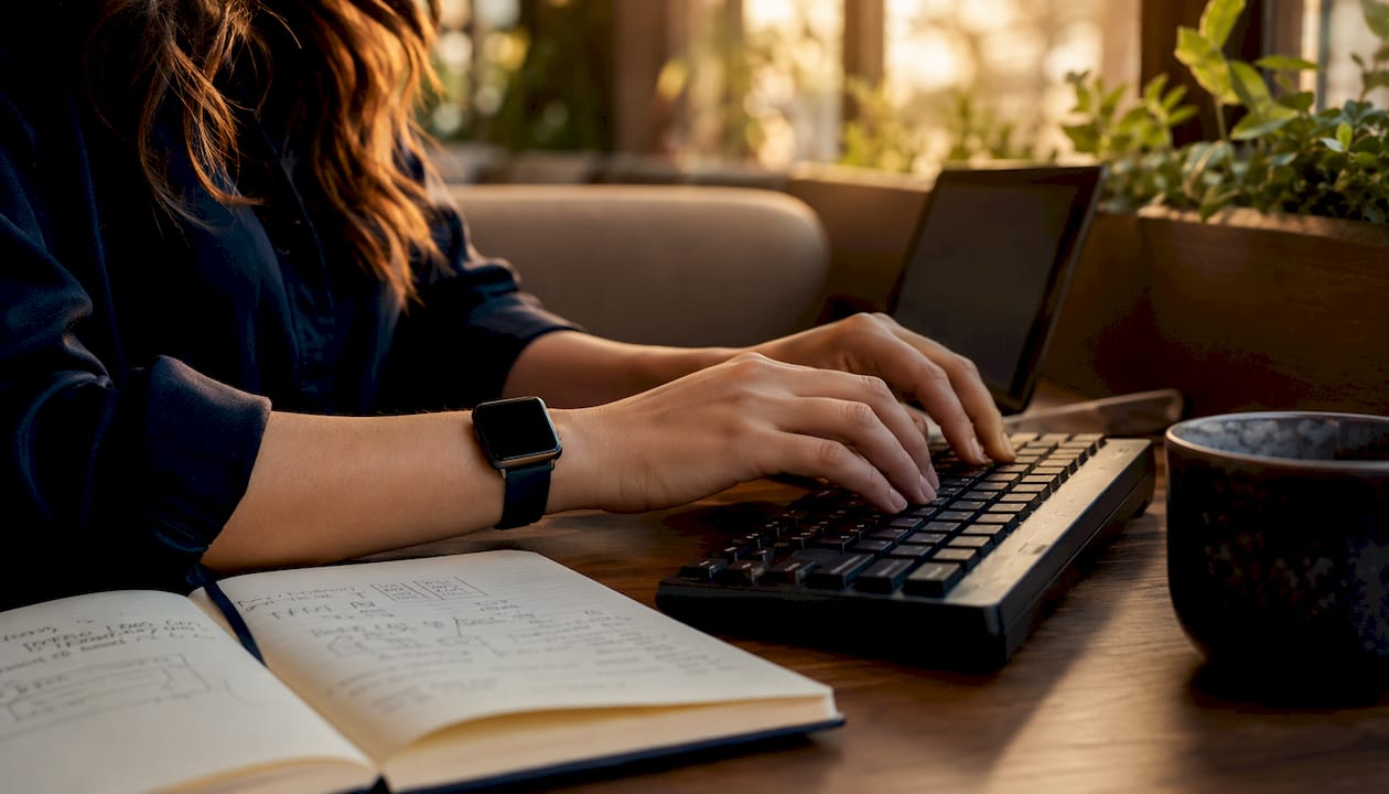 Hands typing on keyboard in home office