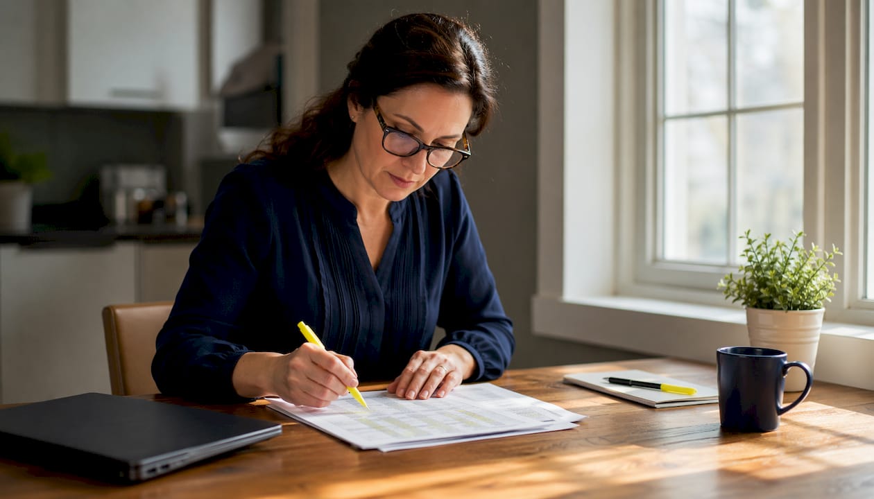 Woman reviewing desktop productivity documents