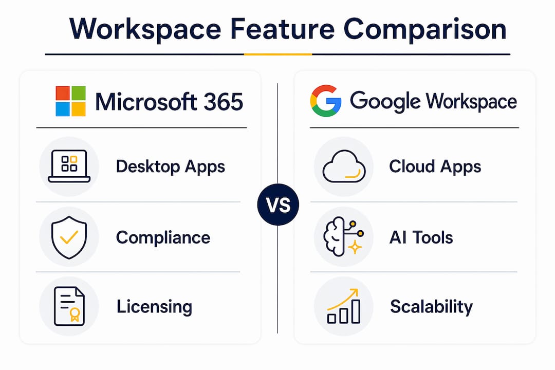 Infographic comparing Google Workspace and Microsoft 365 features