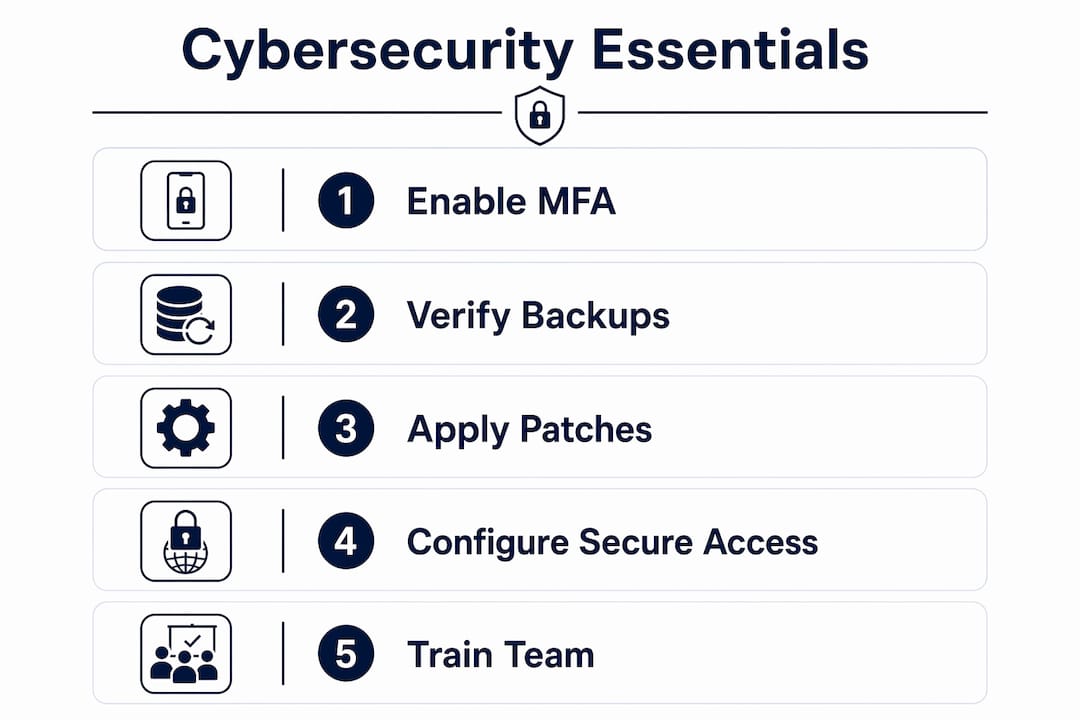 Infographic illustrating five essential cybersecurity steps