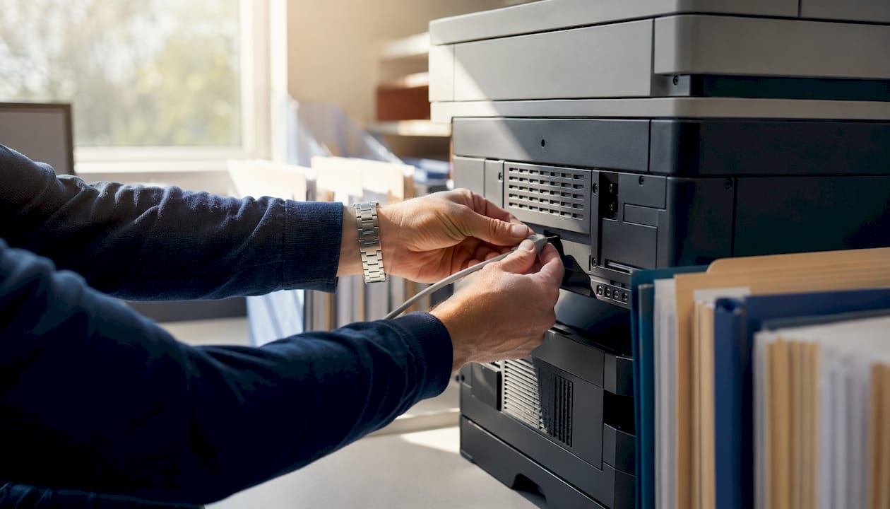Hands disconnecting network cable from office printer