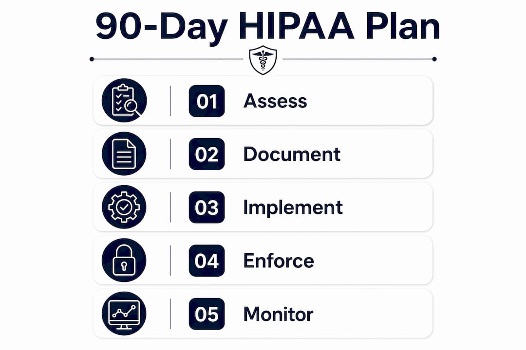 Infographic showing 90-day HIPAA IT compliance steps