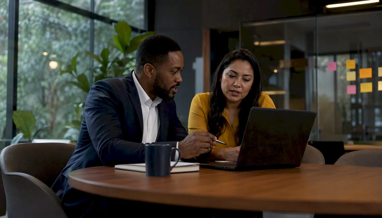 Two professionals collaborating on SOAR workflow