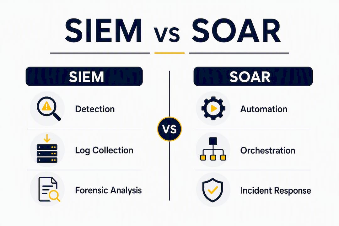 Infographic comparing SIEM and SOAR features side by side