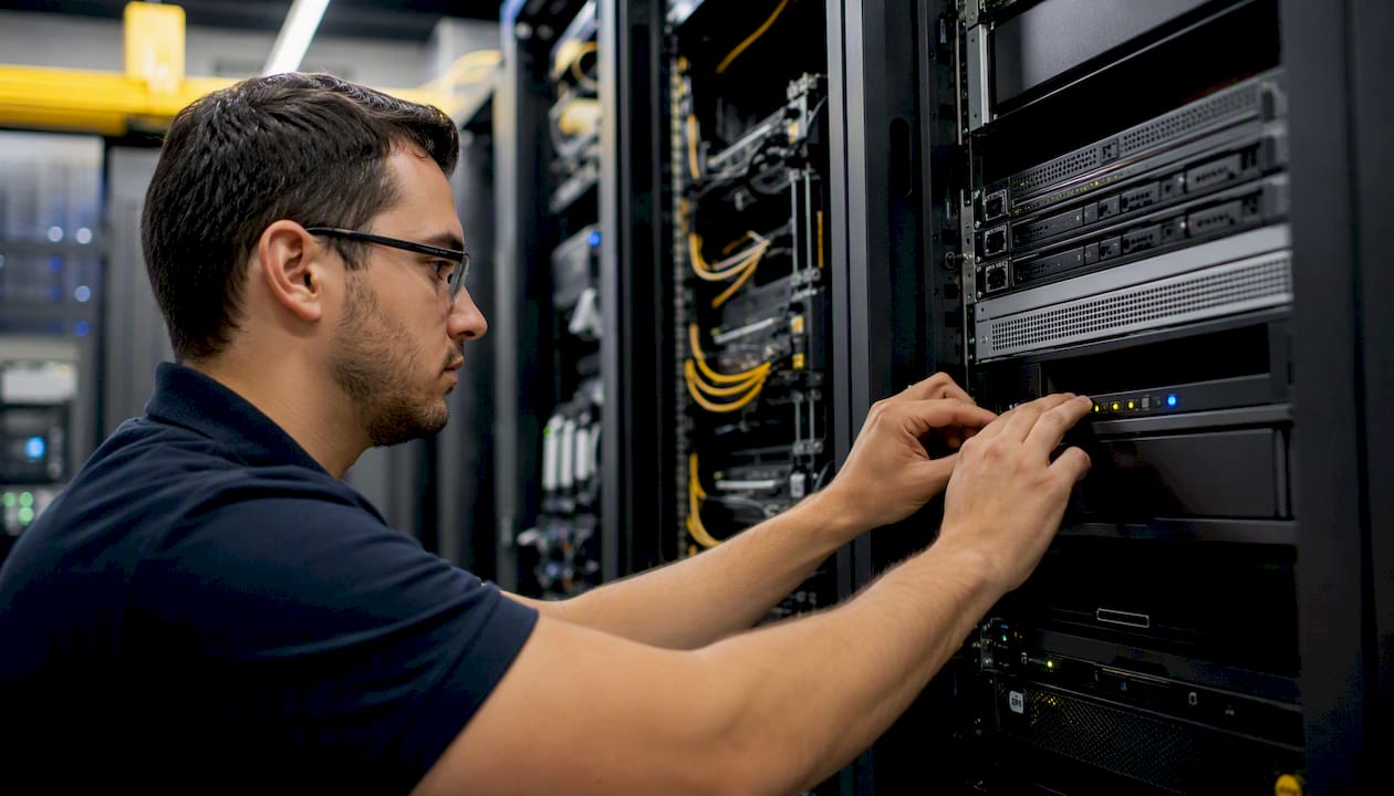 Hand unplugging network cable on email security device