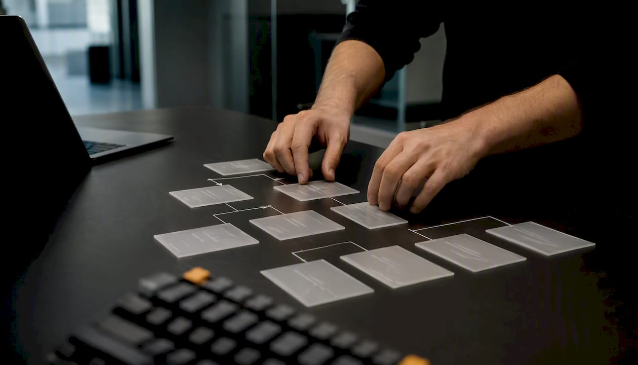 Hands arranging swimlane diagram cards on desk