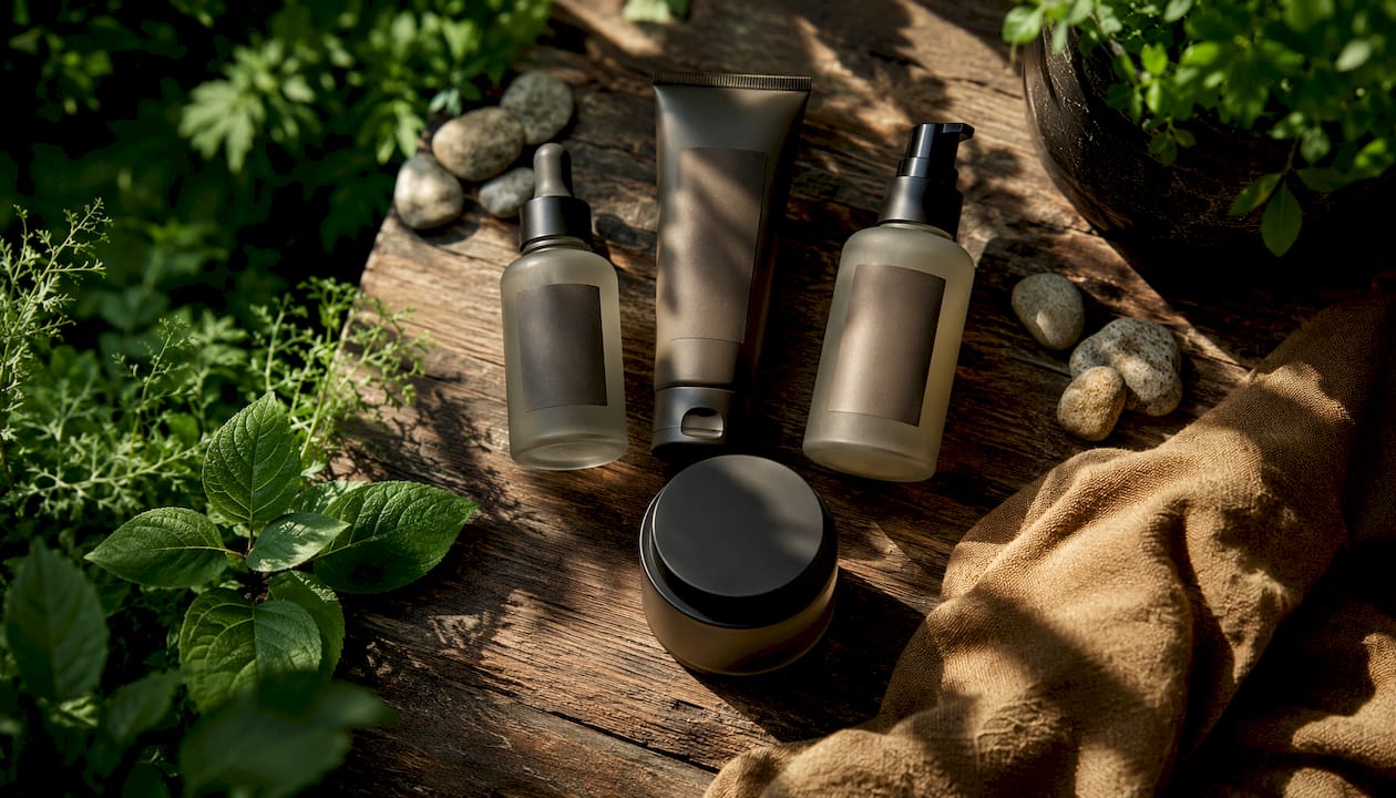 Men’s hyaluronic acid skincare products outdoors