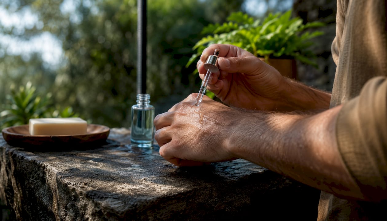 Hands applying hyaluronic acid serum on damp skin