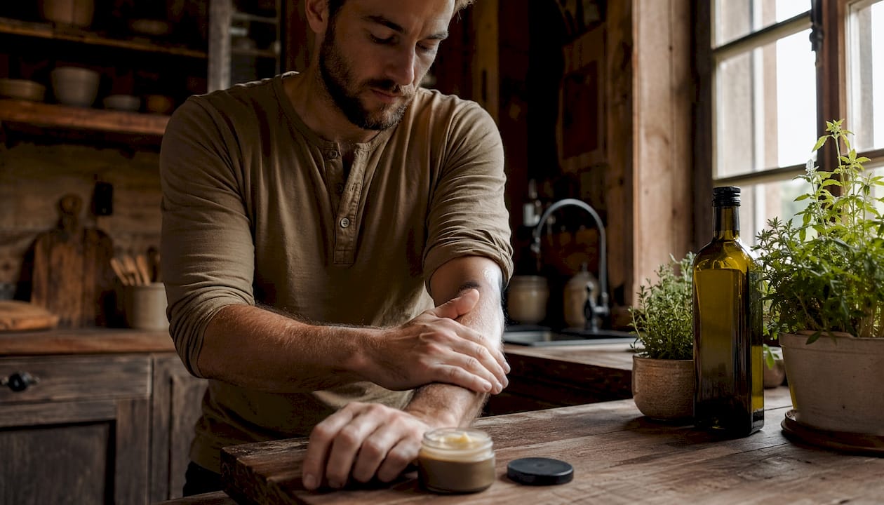 Man applying beef tallow balm in bathroom