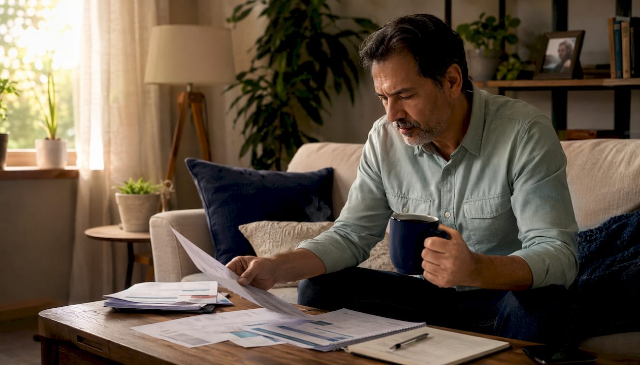 A person at home reviewing and comparing health insurance plan options