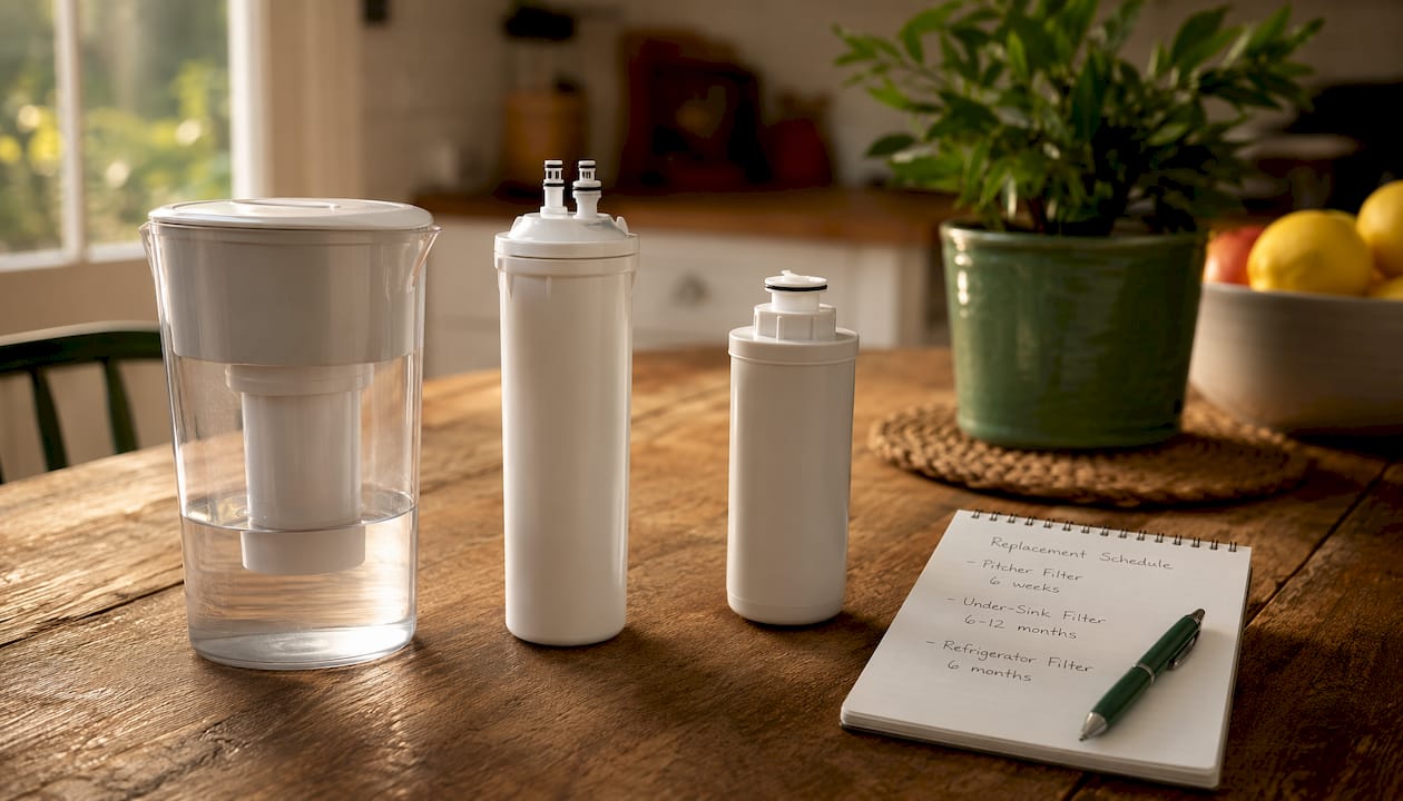 Different types of water filter cartridges with calendar