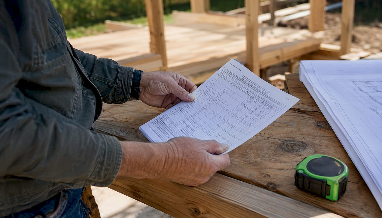 Hands holding contractor insurance certificate at construction site