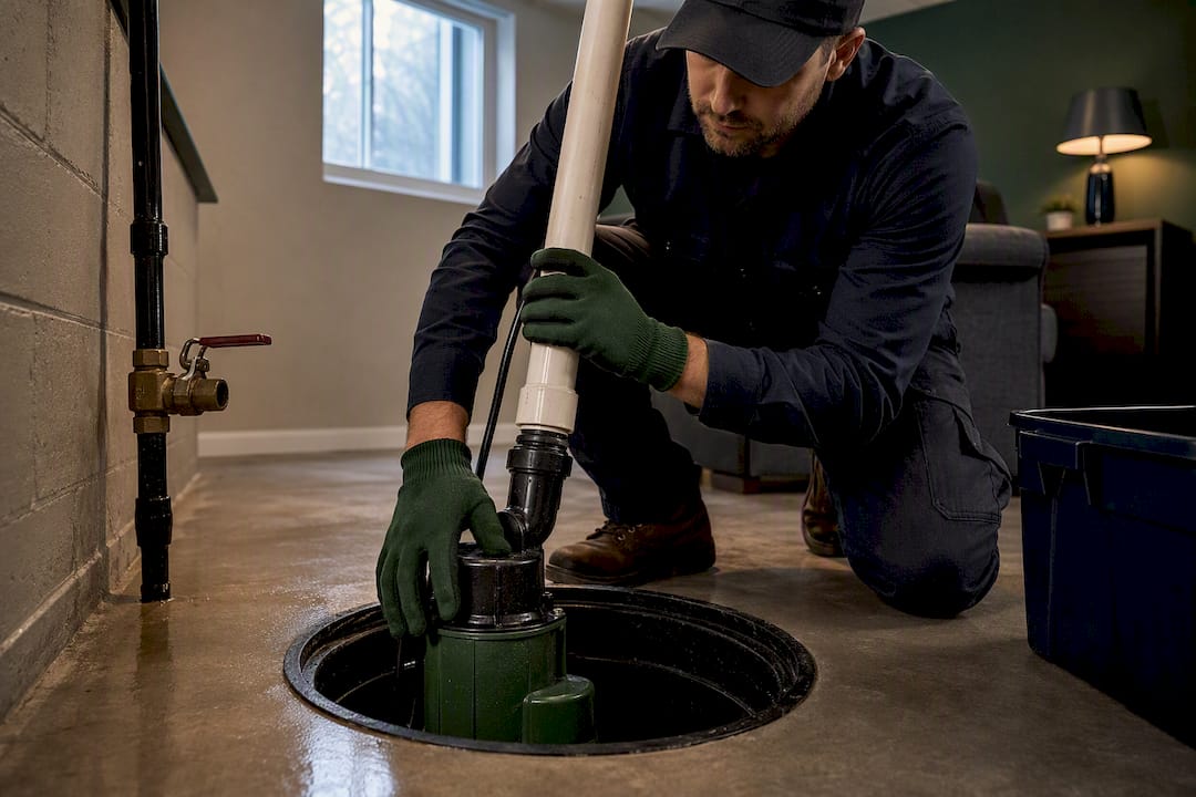 Technician checking sump pump in basement