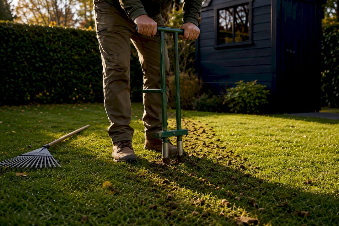 Owner aerating lawn for seasonal care