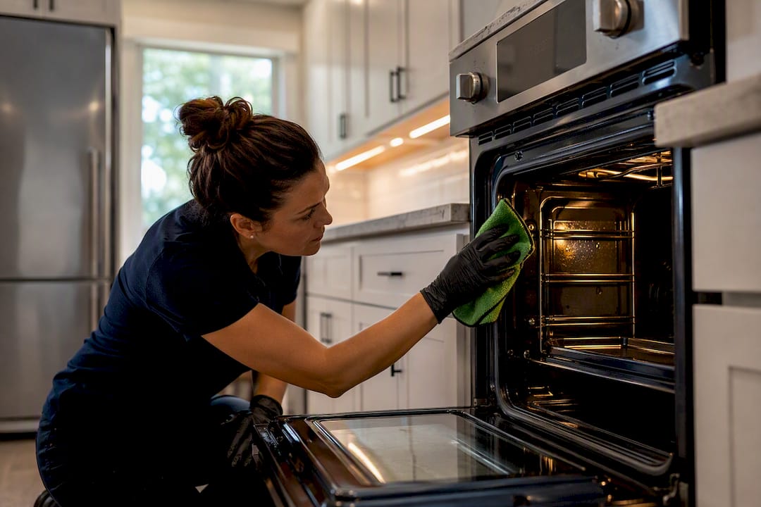 Hands deep cleaning a rental kitchen oven