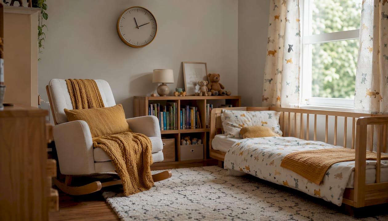Toddler nap transition setup in living room corner